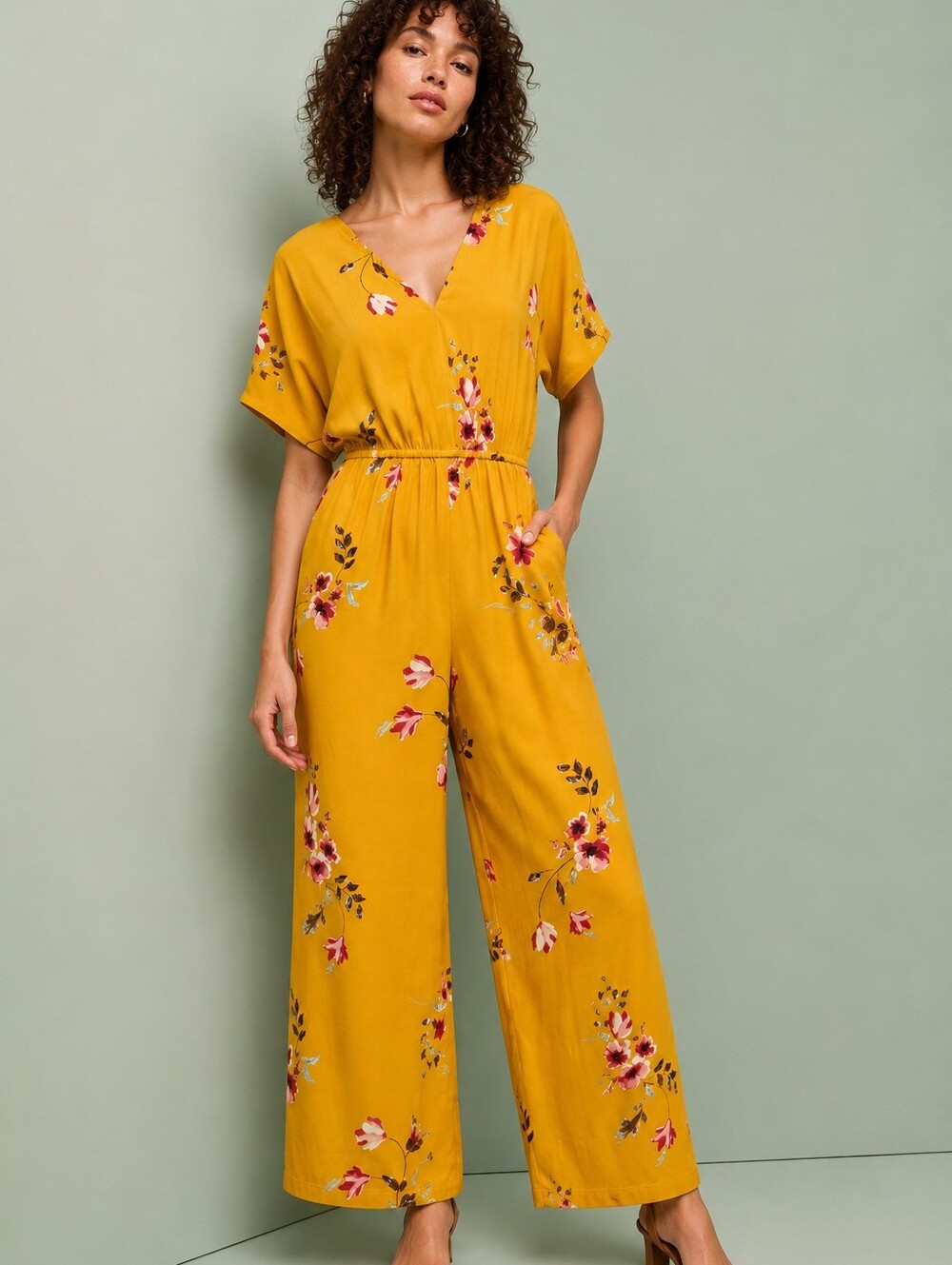 Anthropologie Corey Lynn Calter Floral Jumpsuit Women’s Size S Mustard Wide Leg